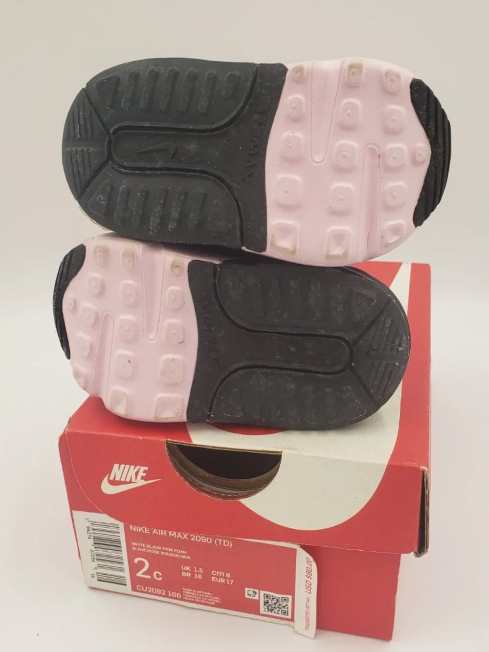 Nike Air Max 2090 (TD) Size 2C, White/Black-Pink Foam Plus Red Sequined Bow Shoe